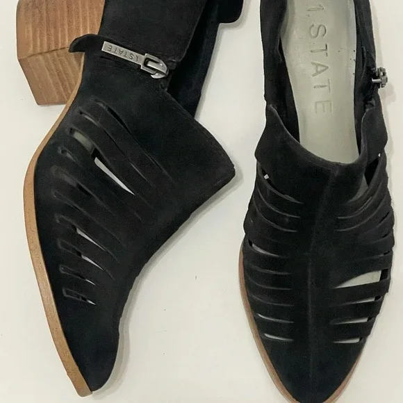 1.State Women's Black Pointed Strappy Ankle Bootie Suede Shoes blocked heel sz 6 - Picture 11 of 16
